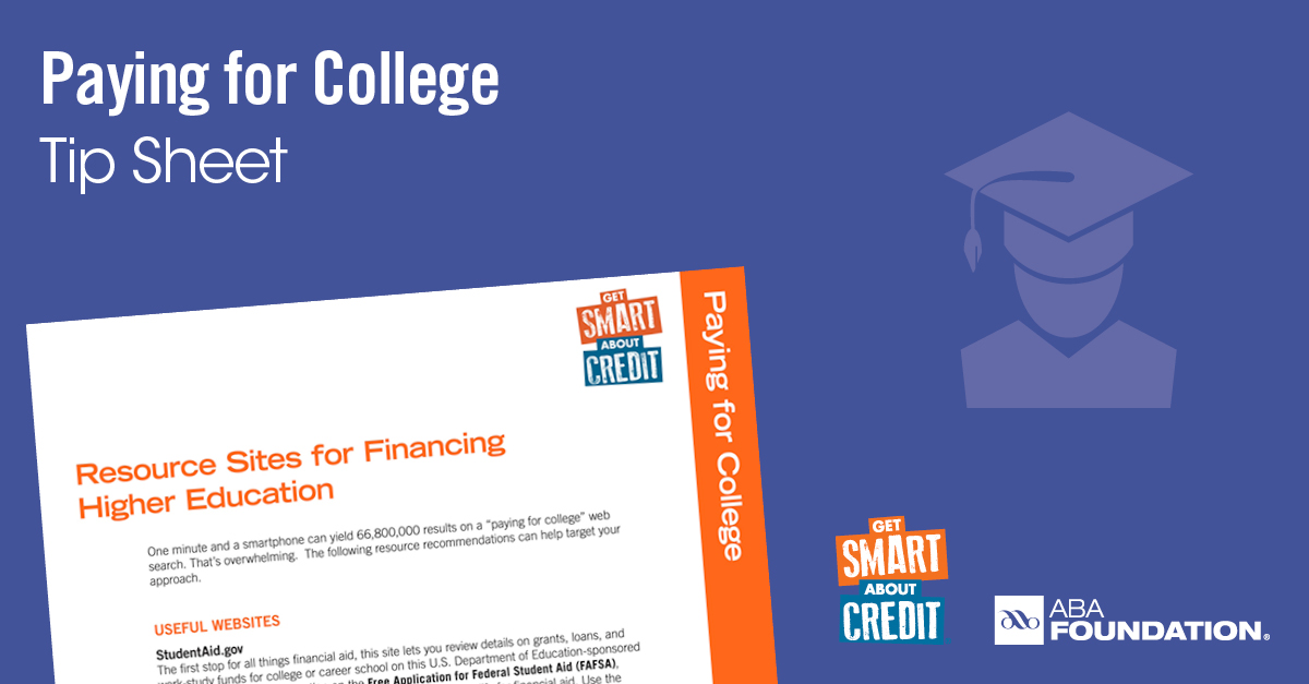 Paying for college tip sheet regarding resources for financial higher education