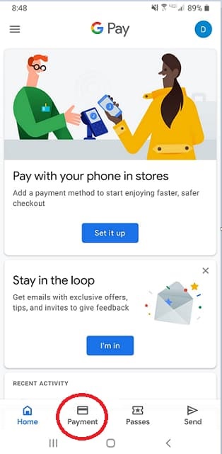 Screen shot for Google Pay set up step 1
