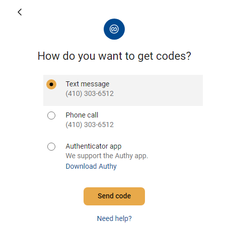 Screenshot of How do You want to get codes? when signing up for online banking