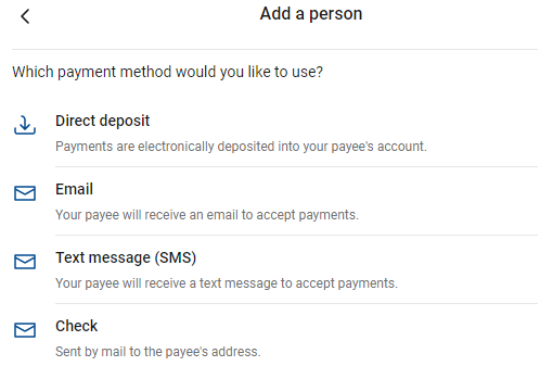 Screenshot of how to select method of payment