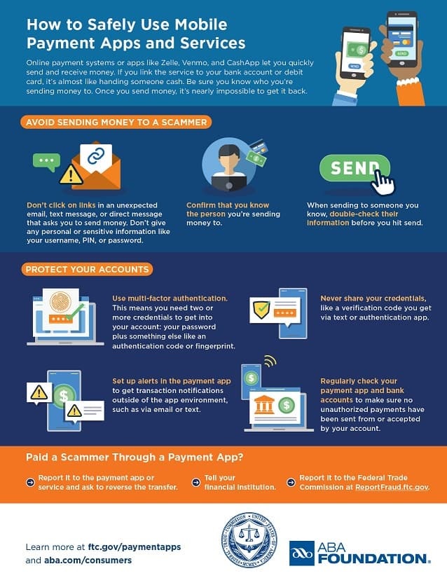 Infographic regarding how to safely use mobile payment apps and services
