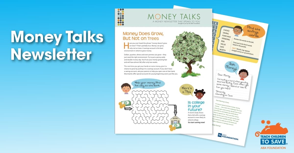 Money talks newsletter for teach kids to save