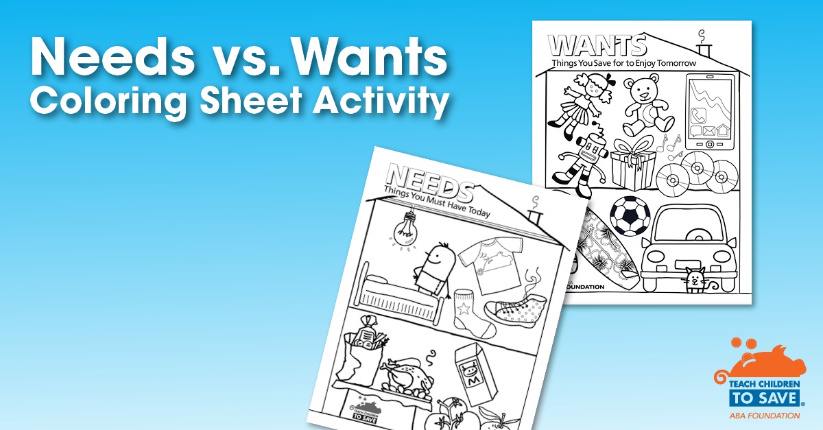 Needs vs Wants activity sheet for teach children to save