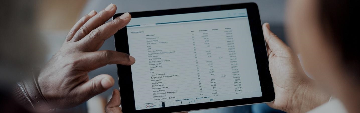 person holding a tablet looking at their online banking transactions
