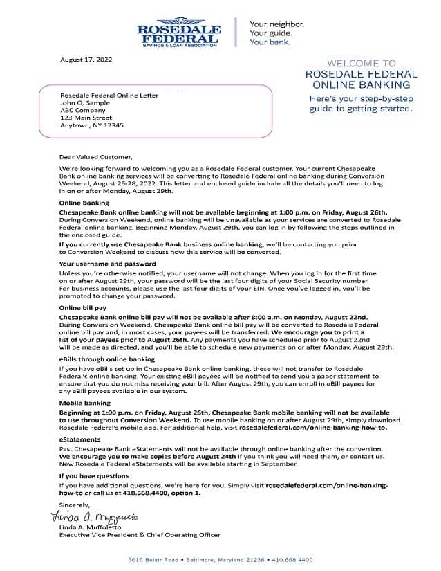 Online banking letter sent to Chesapeake Bank customers